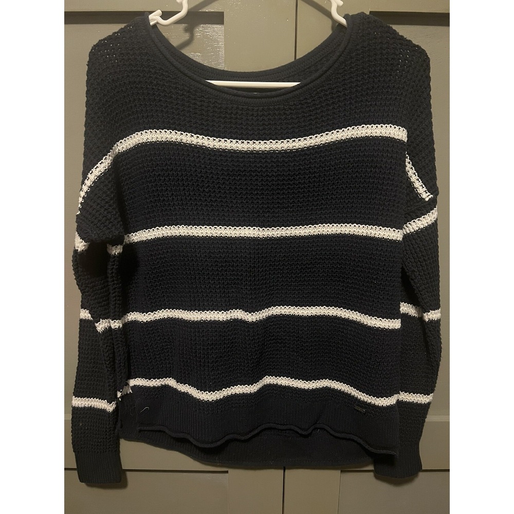 Hollister Women's Waffle-Knit Pullover Sweater Striped Long Sleeves Blue Small